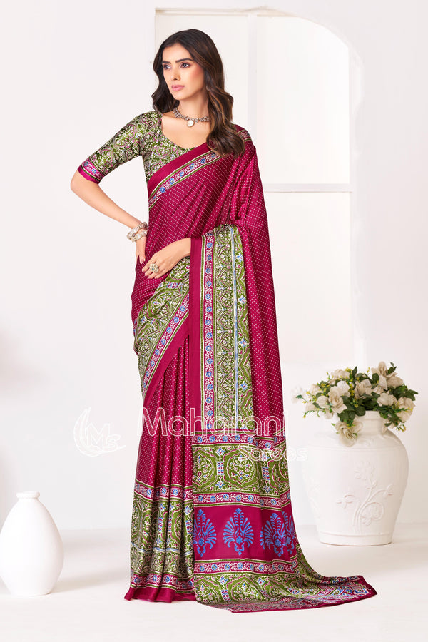 Wine Ajrakh Printed Modal Silk Saree With Ajrakh Blouse