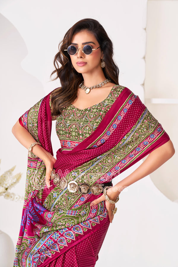 Wine Ajrakh Printed Modal Silk Saree With Ajrakh Blouse