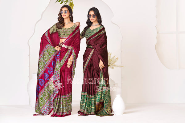 Wine Ajrakh Printed Modal Silk Saree With Ajrakh Blouse