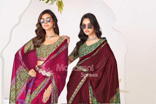 Wine Ajrakh Printed Modal Silk Saree With Ajrakh Blouse
