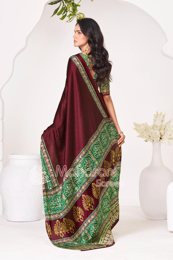 Wine Ajrakh Printed Modal Silk Saree With Ajrakh Blouse