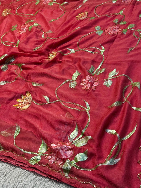 Semi Chiffon Brush Paint Saree with Unstitched Blouse Piece