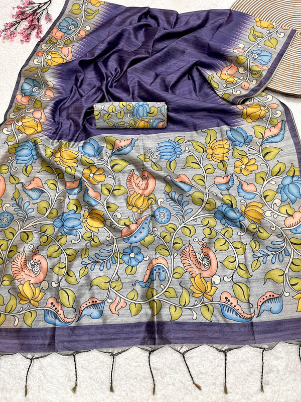Autumn Purple Tussar Silk Kalamkari Printed Saree With Blouse
