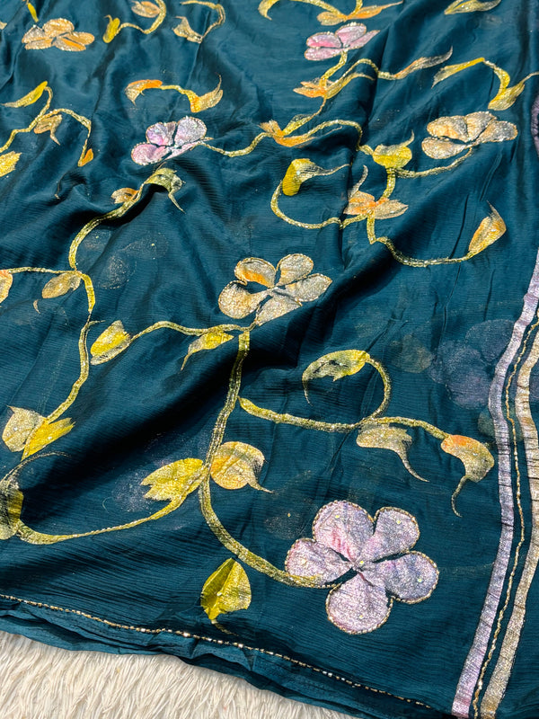 Semi Chiffon Brush Paint Saree with Unstitched Blouse Piece