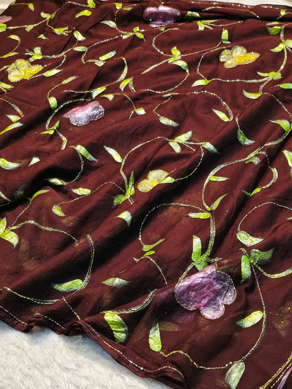 Semi Chiffon Brush Paint Saree with Unstitched Blouse Piece