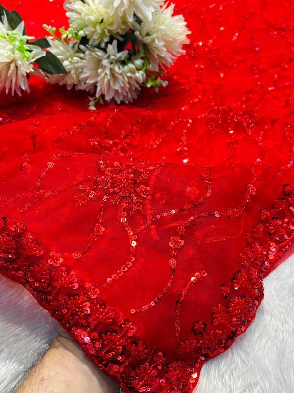 Net Saree with Heavy Designer Blouse – Elegant Party Wear Saree