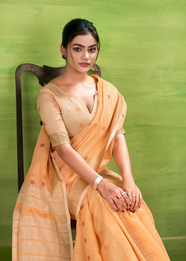 Beer Orange Woven Linen Cotton Soft Silk Saree
