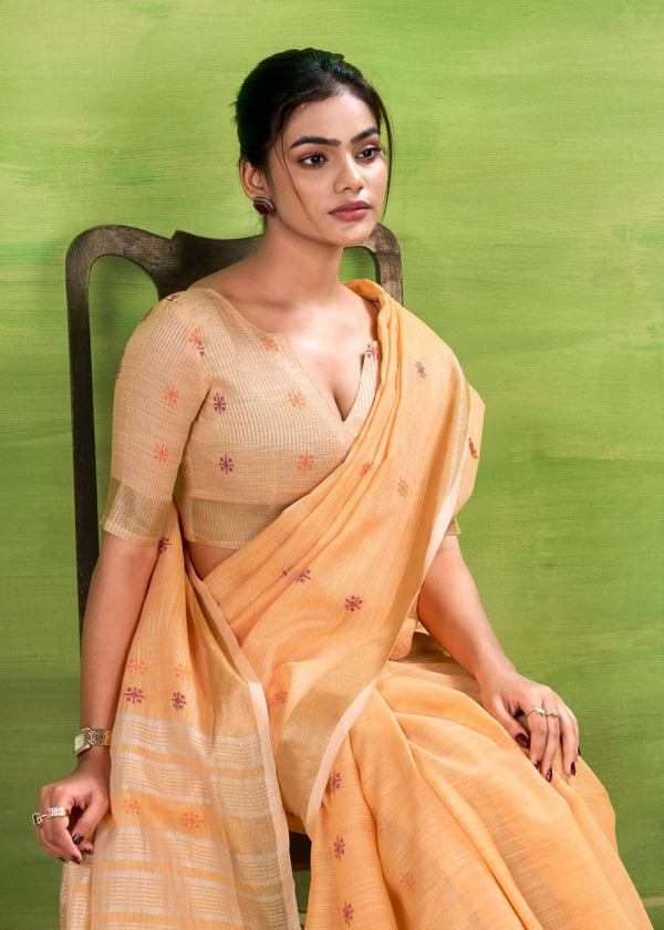 Beer Orange Woven Linen Cotton Soft Silk Saree