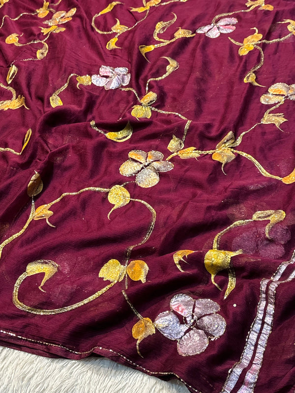 Semi Chiffon Brush Paint Saree with Unstitched Blouse Piece