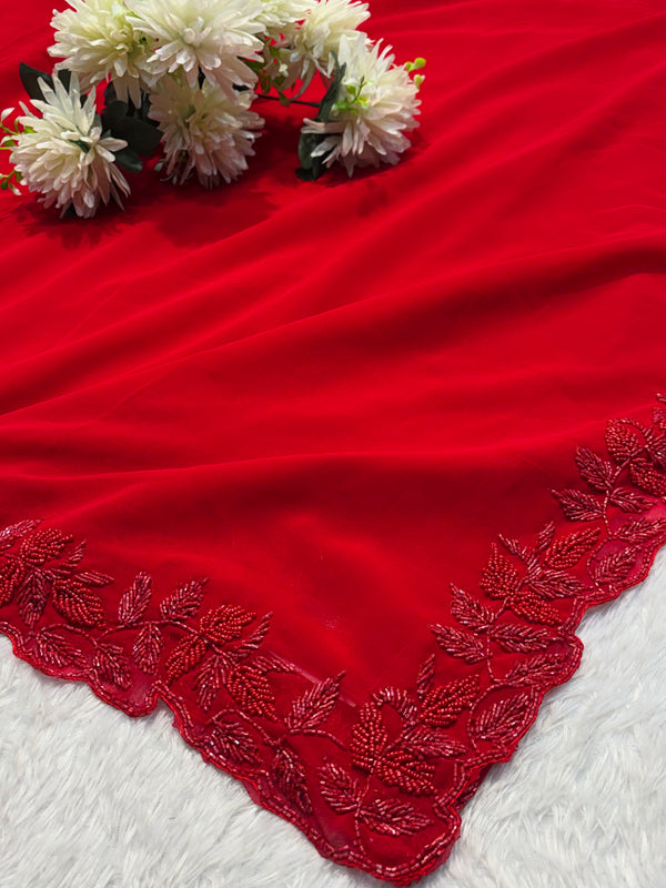 Elegant Crimson Red Georgette Saree with Intricate Floral Threadwork Border