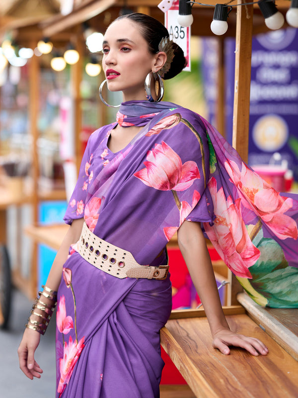 Beautiful Purple Pure Georgette Floral Printed Trending Saree
