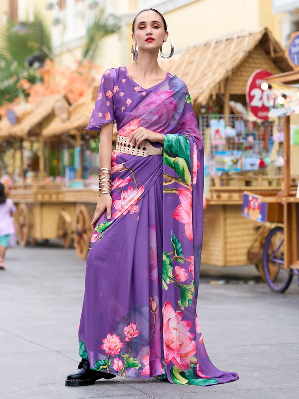 Beautiful Purple Pure Georgette Floral Printed Trending Saree