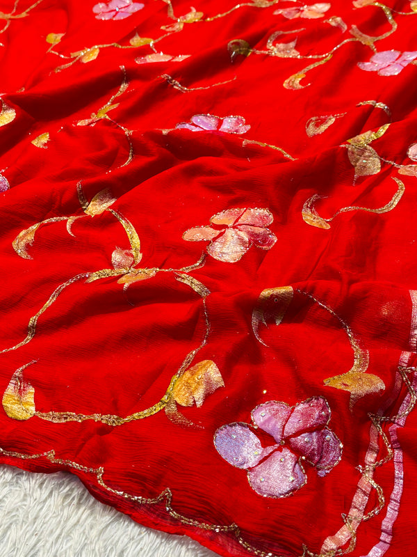 Semi Chiffon Brush Paint Saree with Unstitched Blouse Piece
