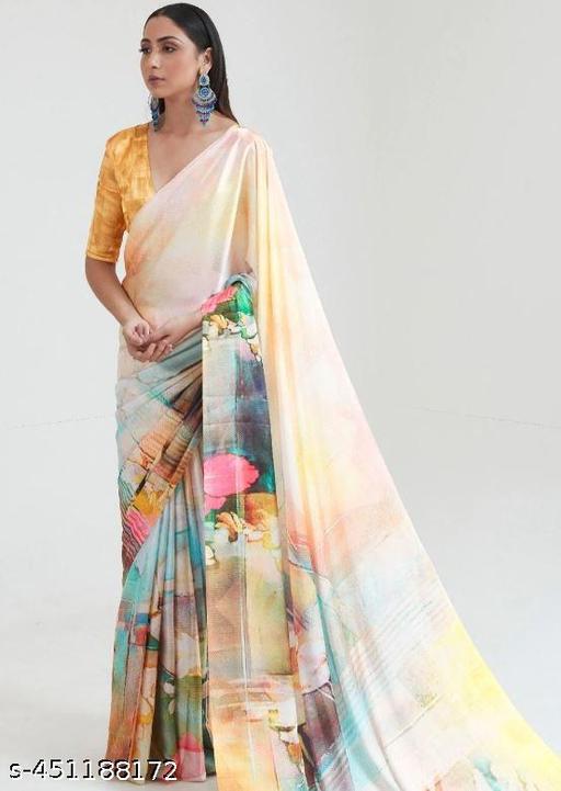 Yellow Satin Digital Print Saree