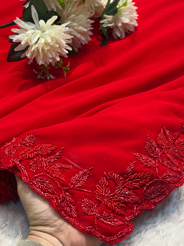 Elegant Crimson Red Georgette Saree with Intricate Floral Threadwork Border