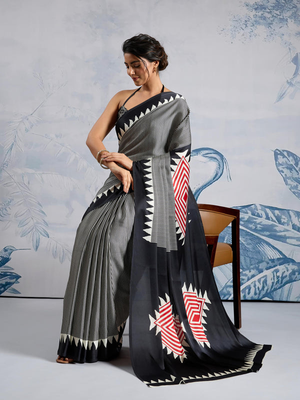 Asphalt Black Ajrakh Printed Satin Crepe Silk Saree