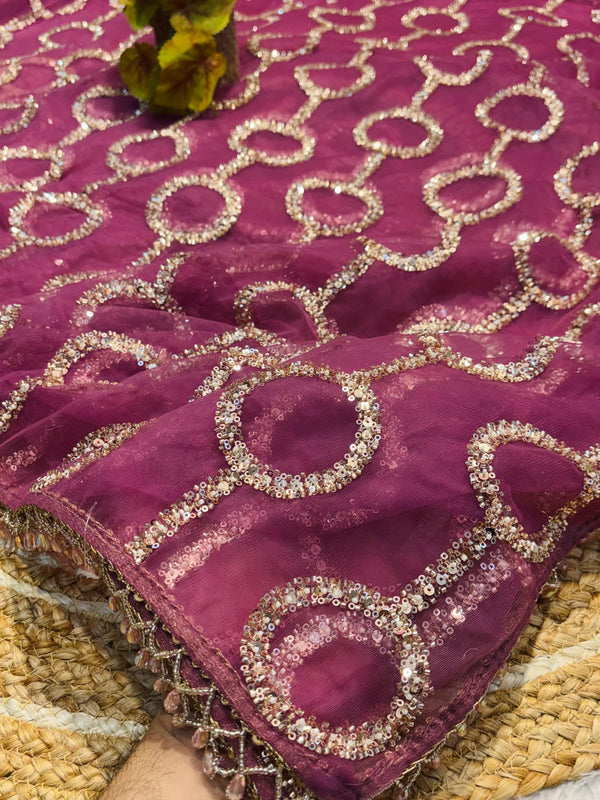 Elegant Net Saree with Ready-Made Blouse – Party Wear Glam Look