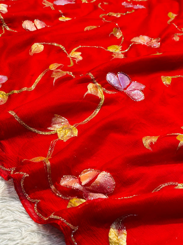 Semi Chiffon Brush Paint Saree with Unstitched Blouse Piece
