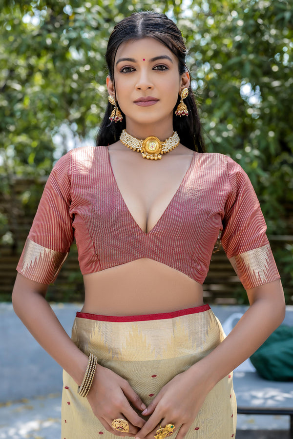 Autumn Cream Banarasi Tussar Silk Saree With Proficient Blouse Piece