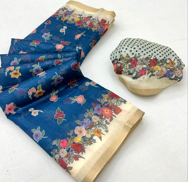 Angelic Navy Blue Printed Tussar Silk Saree