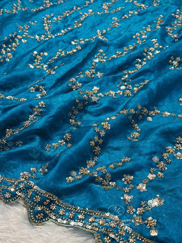 Embroidered Party Wear Saree in Blue, Purple & Maroon with Heavy Border