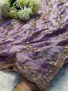 Embroidered Party Wear Saree in Blue, Purple & Maroon with Heavy Border