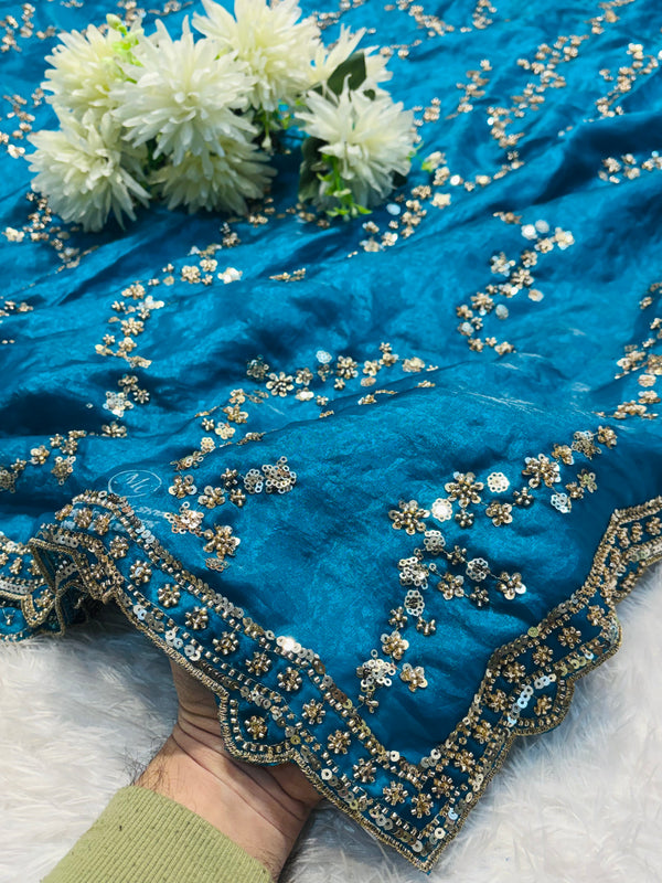 Embroidered Party Wear Saree in Blue, Purple & Maroon with Heavy Border