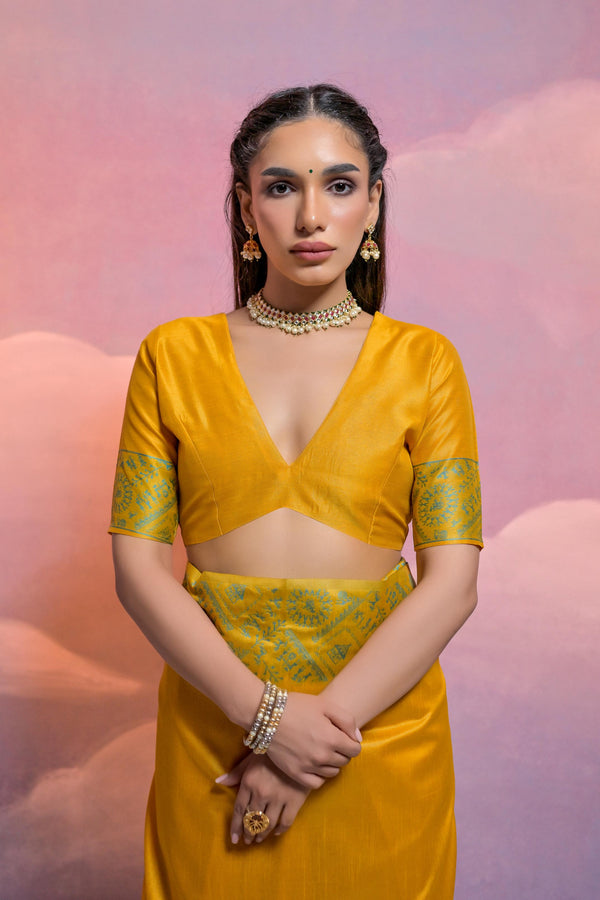 Aureolin Yellow Handloom Woven Raw Silk Saree With Blouse Piece With Fancy Tassels