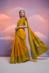 Aureolin Yellow Handloom Woven Raw Silk Saree With Blouse Piece With Fancy Tassels