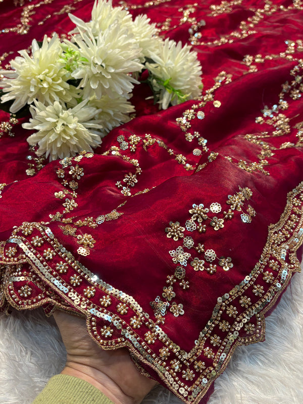 Embroidered Party Wear Saree in Blue, Purple & Maroon with Heavy Border