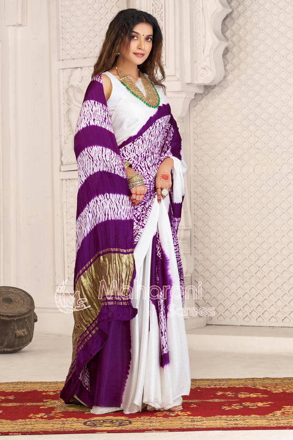 Wine And White Shibori Gola Bandhej Pure Modal Silk Saree With Blouse