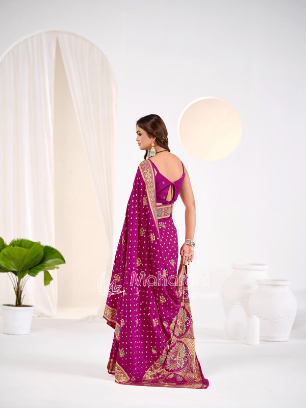 Wine Khaddi Gajji Silk Handloom Banarasi BandhejSaree