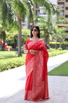 Apple Red Handloom Woven Raw Silk Saree With Blouse Piece