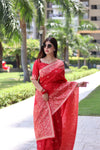 Apple Red Handloom Woven Raw Silk Saree With Blouse Piece