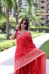 Apple Red Handloom Woven Raw Silk Saree With Blouse Piece
