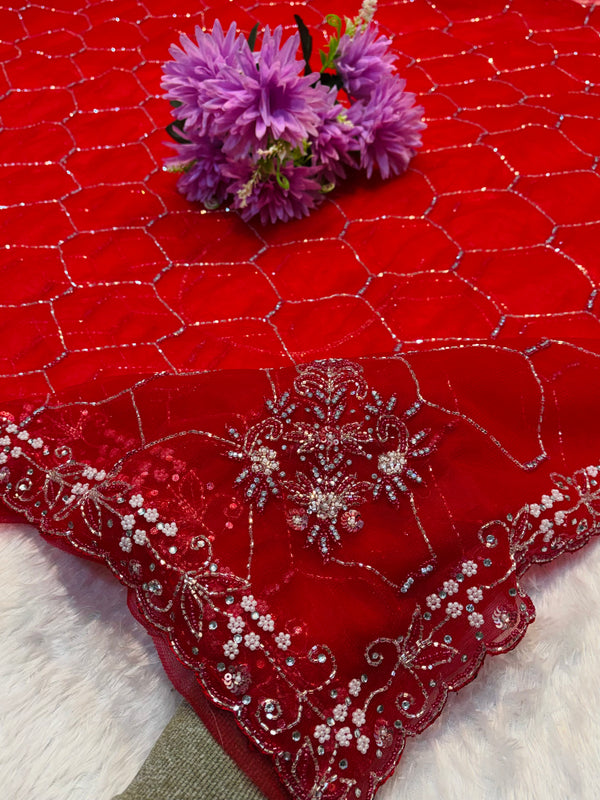 Embroidered Red Chiffon