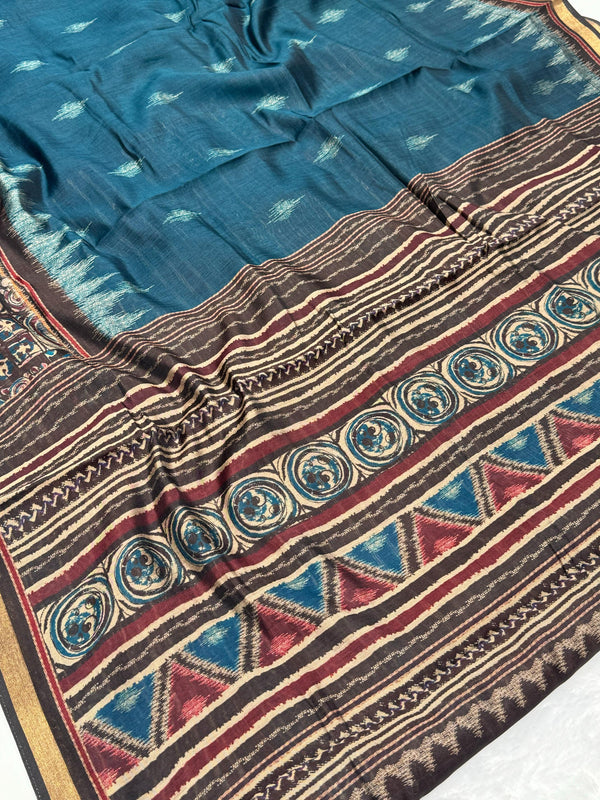 Ajrakh With Kalamkari Design Hand Block Print Maslin silk Saree K5