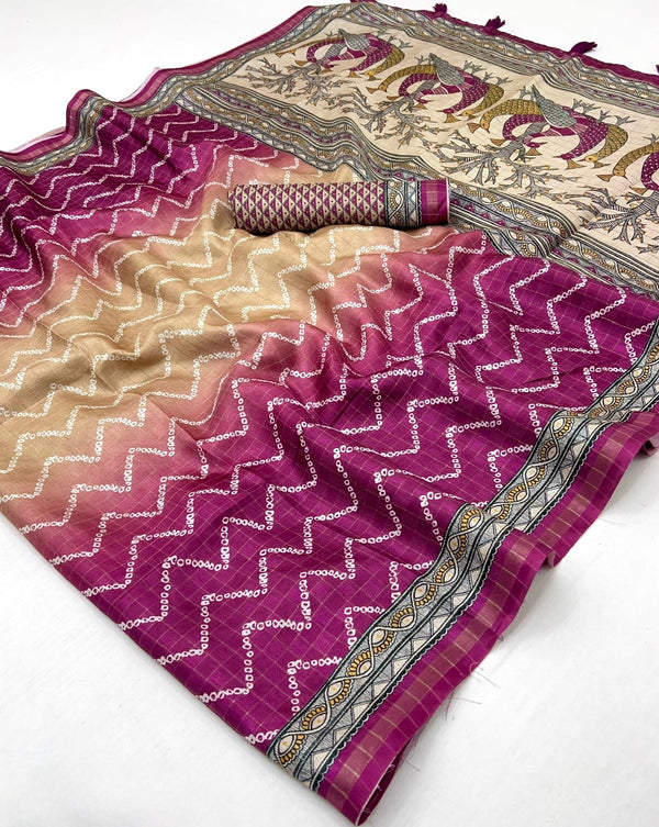 Adoring Wine Maheshwari Cotton Silk Saree With Digital Prints