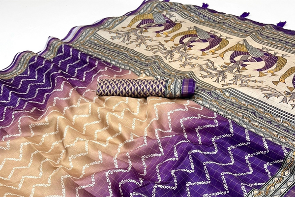 Amazing Purple Maheshwari Cotton Silk Saree With Digital Prints