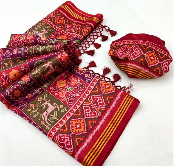 Wine With Maroon Border Handloom Patola Soft Silk Saree