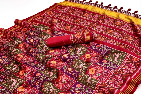 Wine With Maroon Border Handloom Patola Soft Silk Saree
