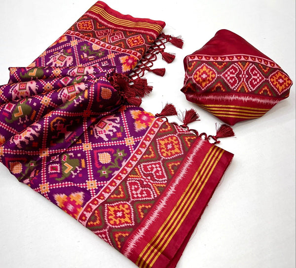 Woebegone Wine Handloom Patola Soft Silk Saree