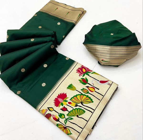 Aztec Green Woven Paithani Soft Silk Saree