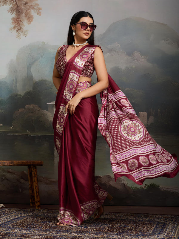 Anemones Maroon Ajrakh Printed Satin Crepe Silk Saree
