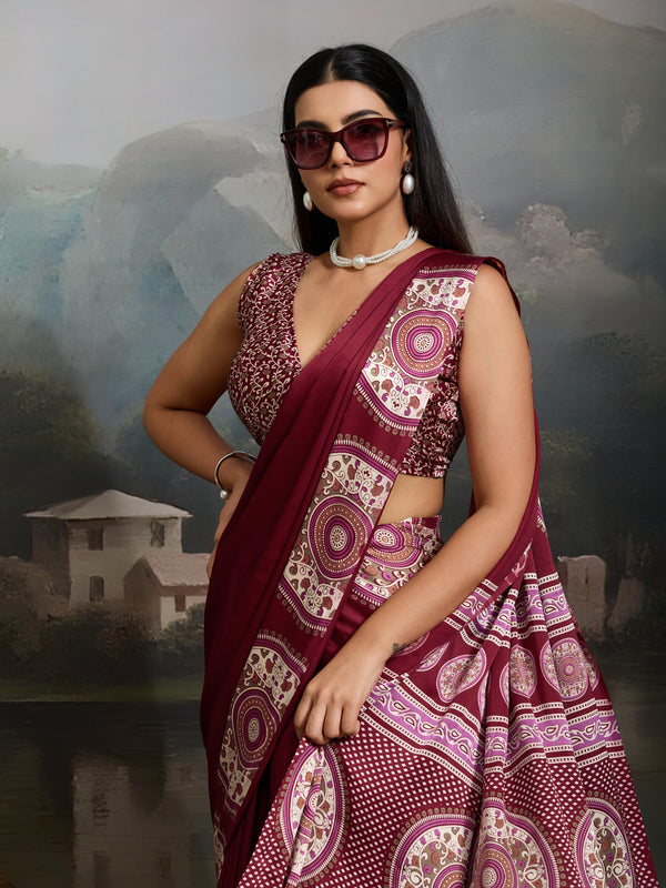 Anemones Maroon Ajrakh Printed Satin Crepe Silk Saree