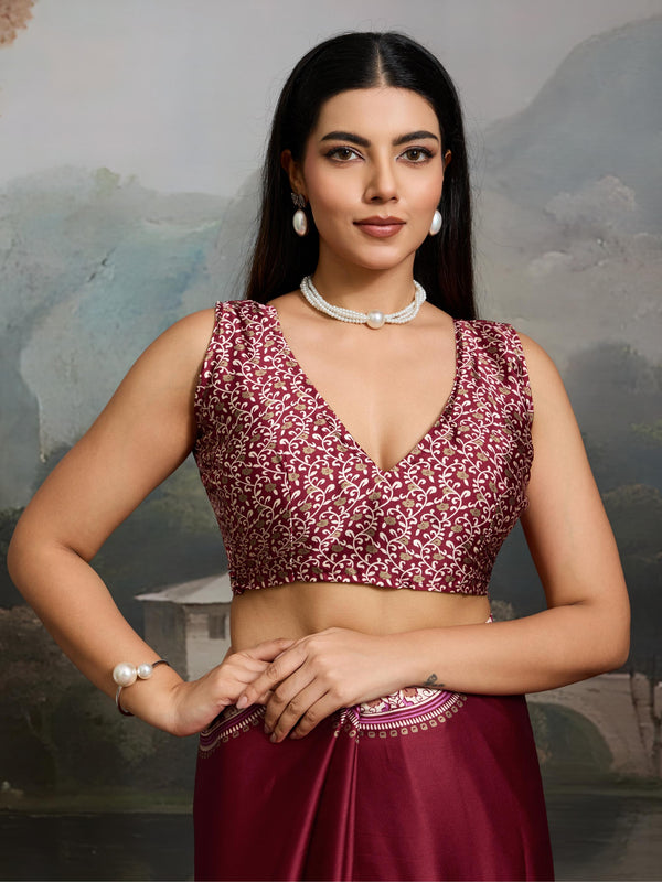 Anemones Maroon Ajrakh Printed Satin Crepe Silk Saree