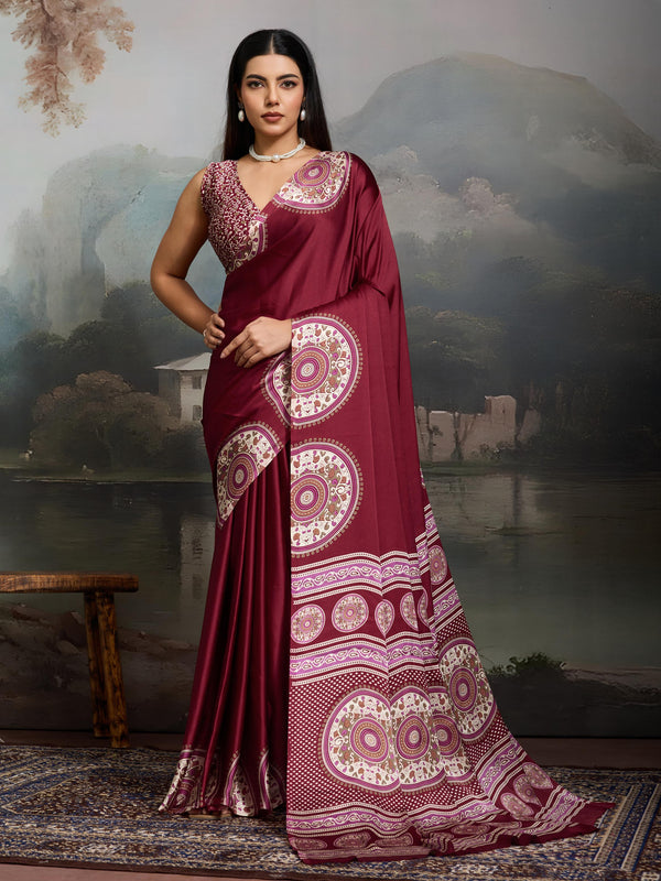 Anemones Maroon Ajrakh Printed Satin Crepe Silk Saree