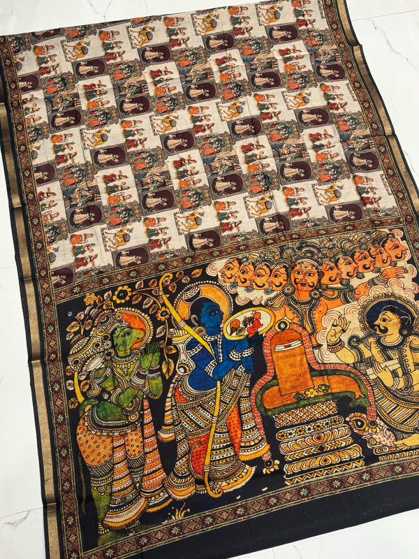 Ajrakh With Kalamkari Design Hand Block Print Maslin Soft Silk Saree M1