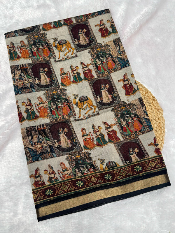 Ajrakh With Kalamkari Design Hand Block Print Maslin Soft Silk Saree M1