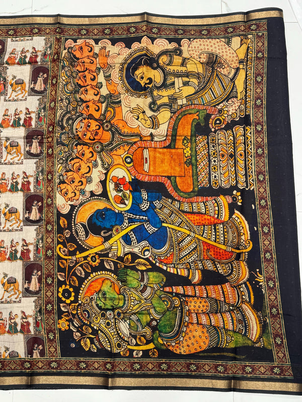 Ajrakh With Kalamkari Design Hand Block Print Maslin Soft Silk Saree M1